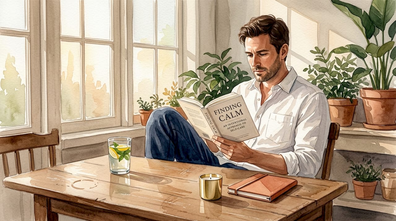 Man reading self-care book at kitchen table