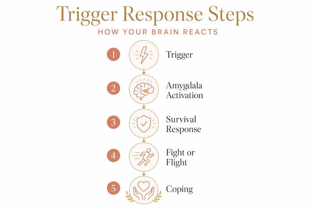 Explain Trauma Triggers: a Guide for Betrayal Survivors 1 Infographic showing trauma response steps