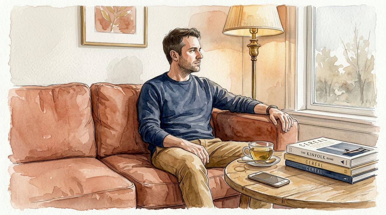 Man seated alone in living room feeling distant