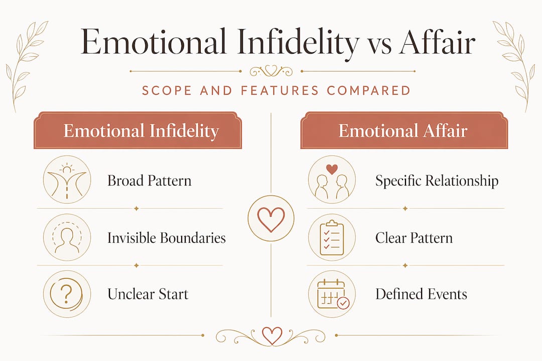 Infographic comparing infidelity and emotional affair