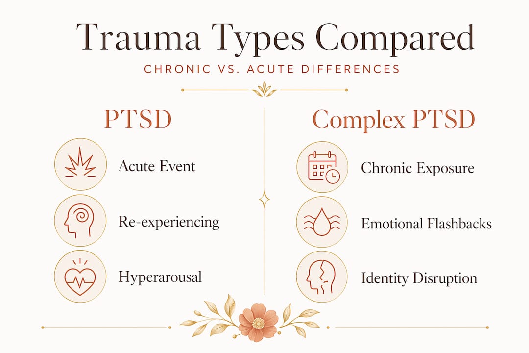 Infographic comparing PTSD and complex PTSD features