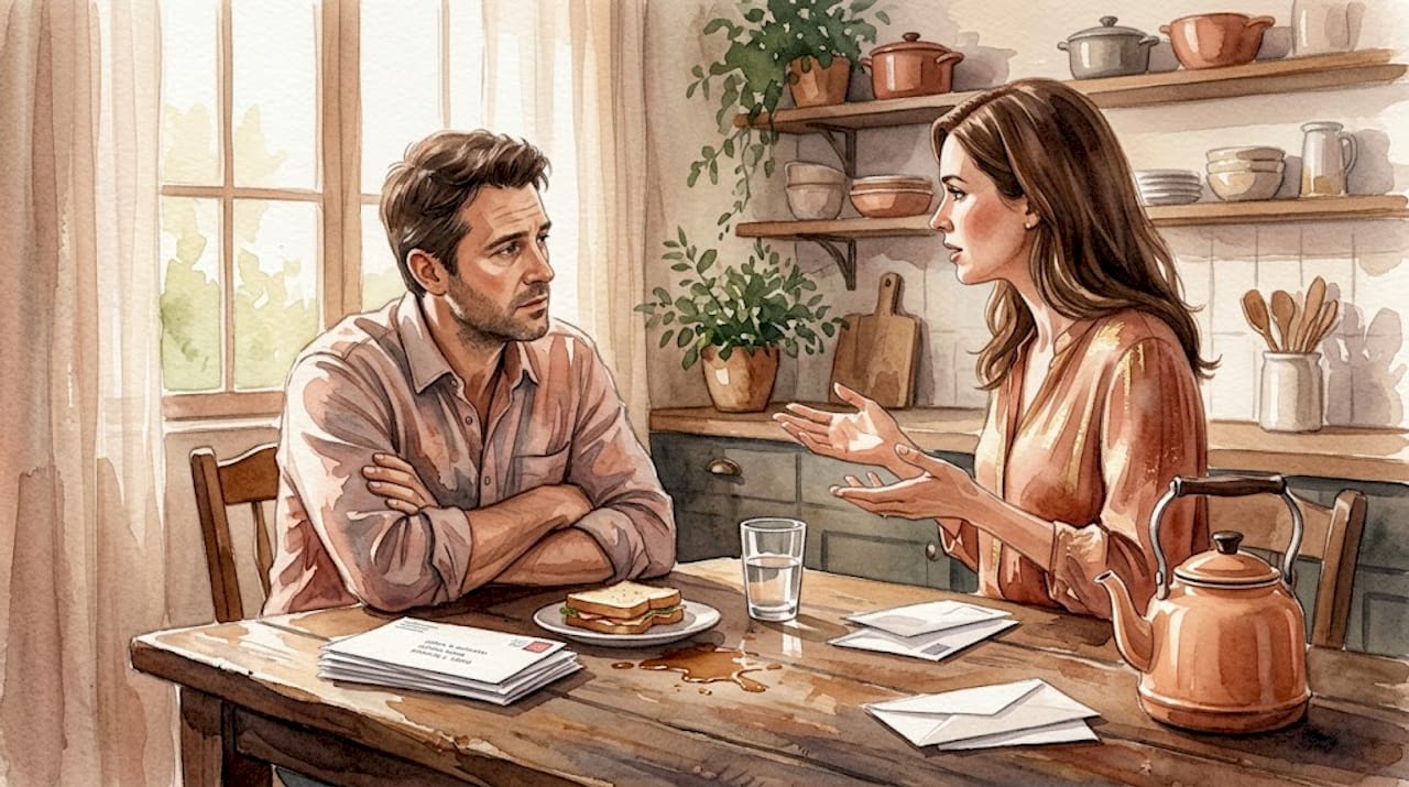 Four Behaviors That Cause Most Divorces 1 Defensive couple in tense kitchen table discussion