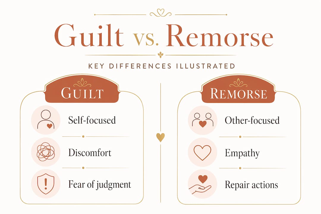How to Process Guilt After Infidelity: A Healing Guide 1 Infographic comparing guilt to remorse side-by-side