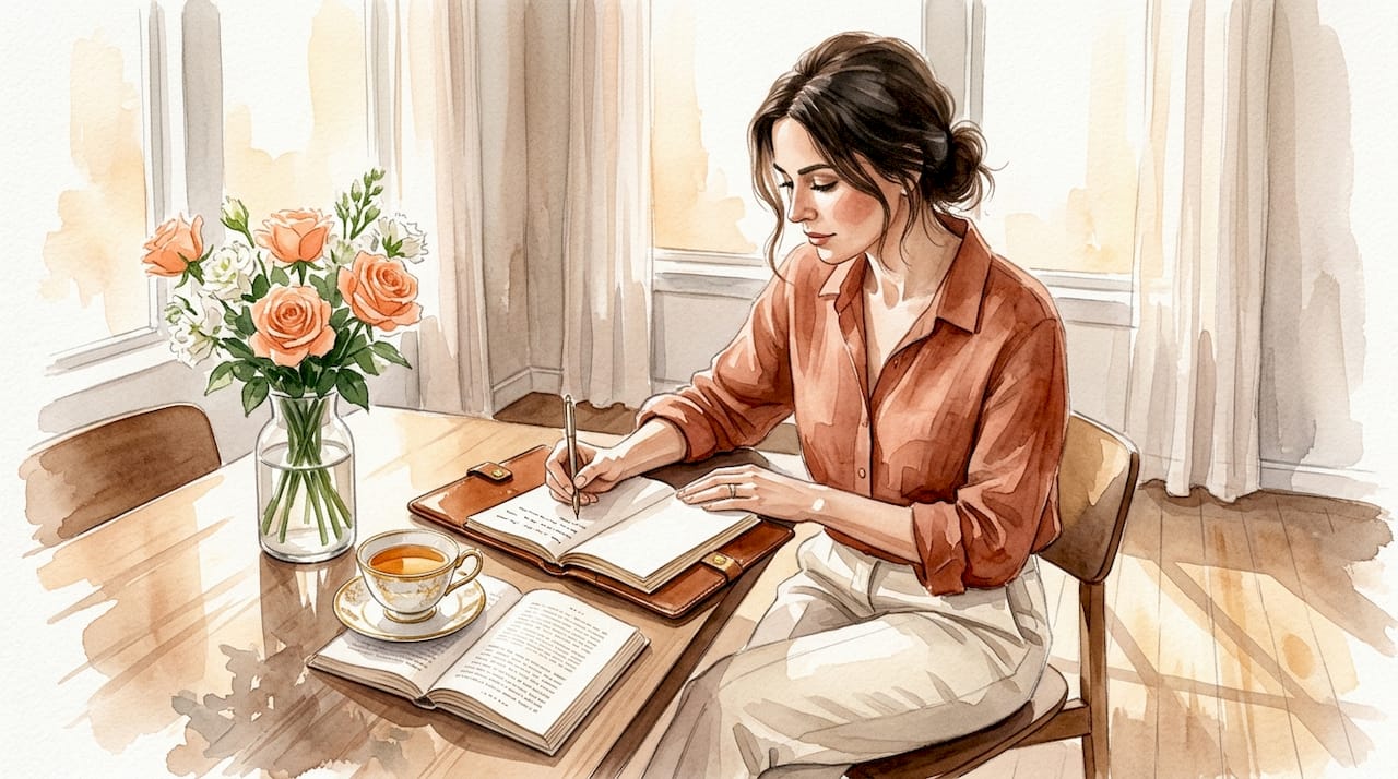 Woman journaling in living room afternoon light
