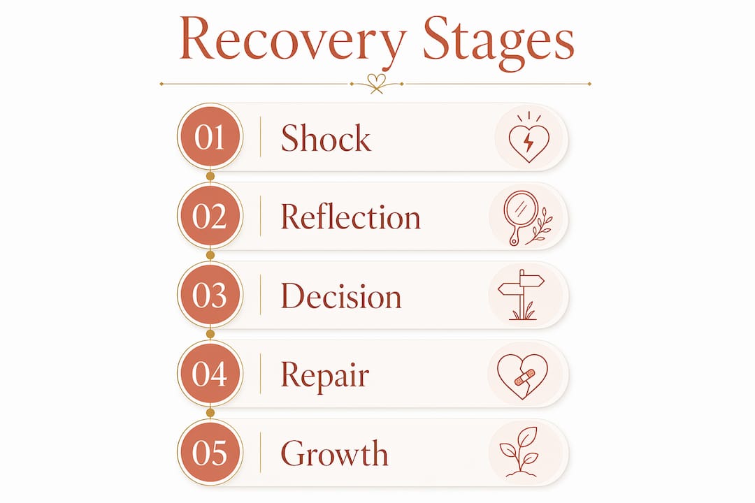 Infographic illustrating stages of recovery after infidelity