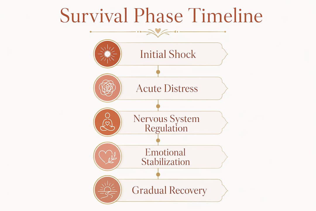 What Is Survival Phase Recovery After Infidelity 1 Timeline infographic of survival phase recovery steps