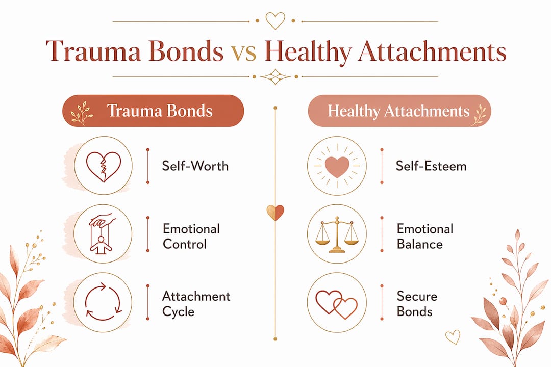 What Is Trauma Bonding? Signs, Effects, and Healing 1 Infographic comparing trauma bonds and healthy attachments