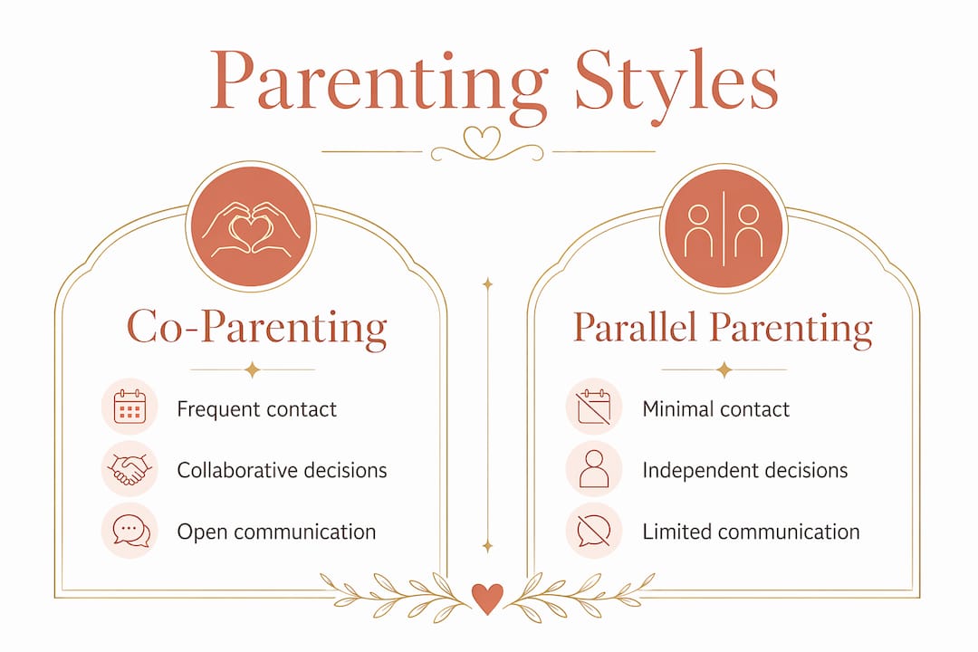 Infographic comparing co-parenting and parallel parenting