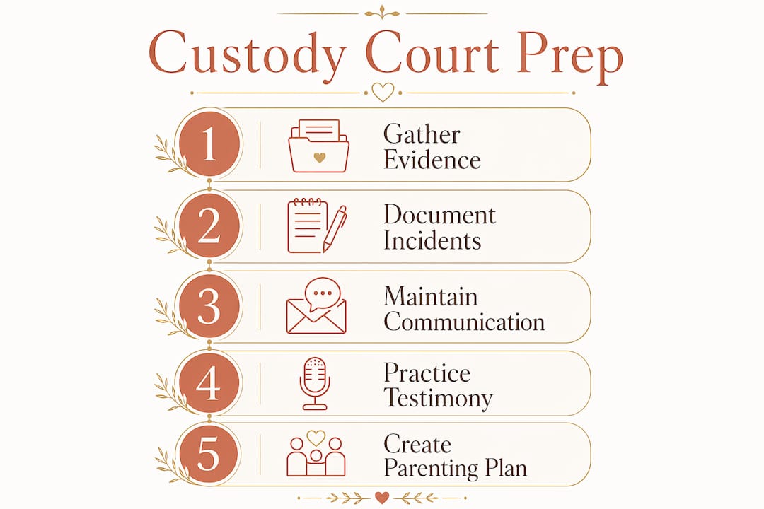How to Prepare for Custody Court with a Narcissist 1 Infographic showing steps to prepare for custody court