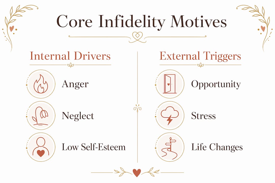 Why People Cheat: Psychology of Infidelity Explained 1 Infographic illustrating internal and external motives for infidelity