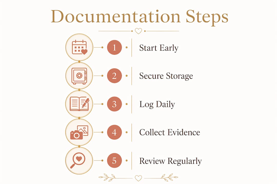 How to Document Narcissistic Abuse for Court 1 Infographic illustrating documentation steps for abuse