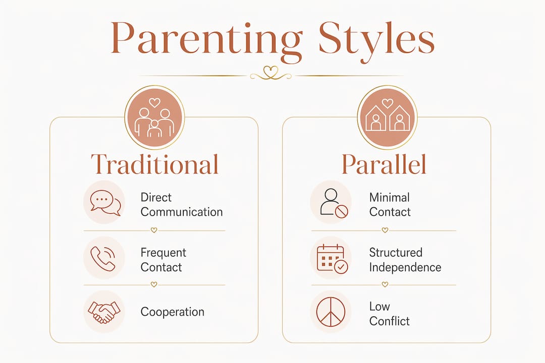Co-Parenting With a Narcissist: the Parallel Parenting Guide 1 Infographic comparing traditional and parallel parenting styles
