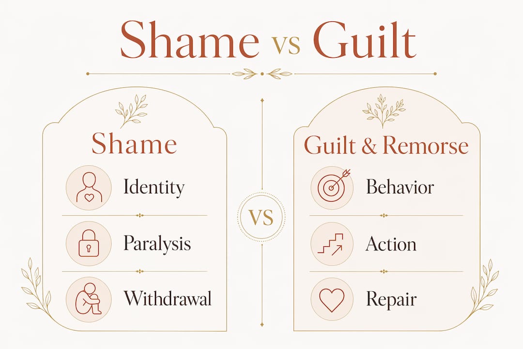 Comparison infographic showing shame versus guilt and remorse