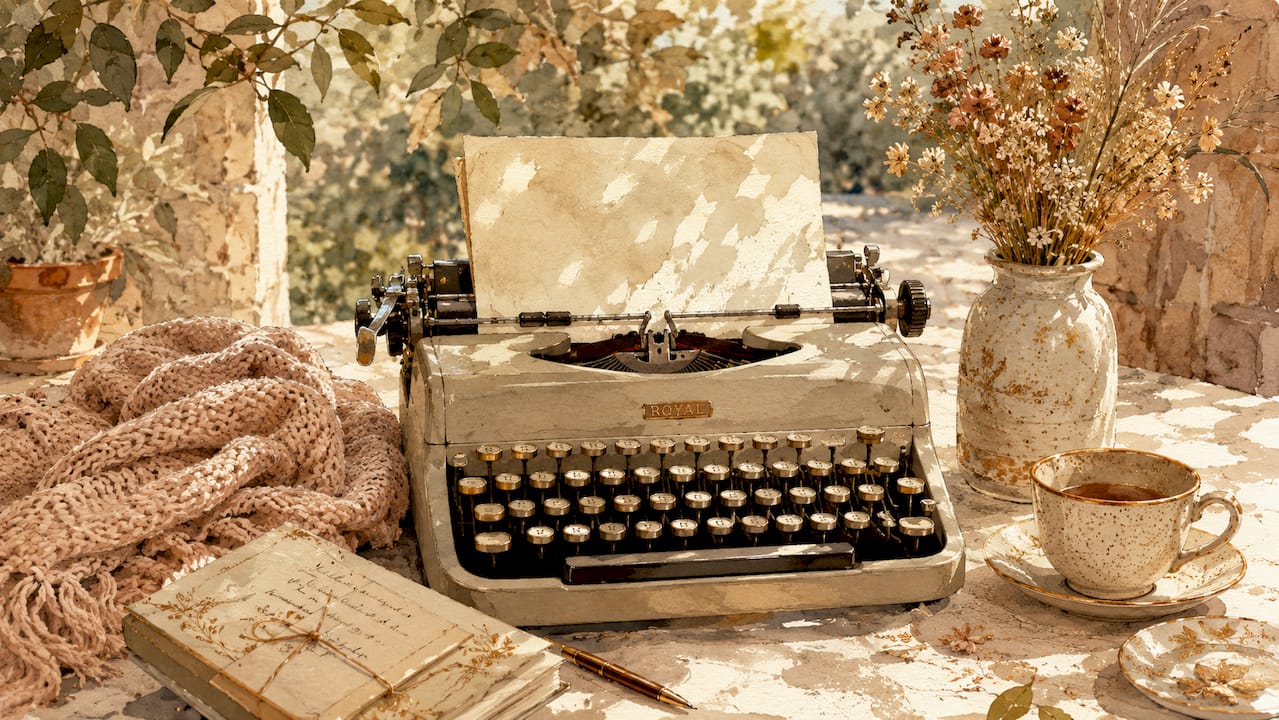 Watercolor of typewriter and thoughtful objects