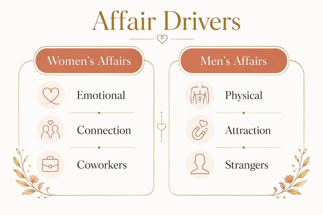 Infographic comparing women's and men's affair drivers