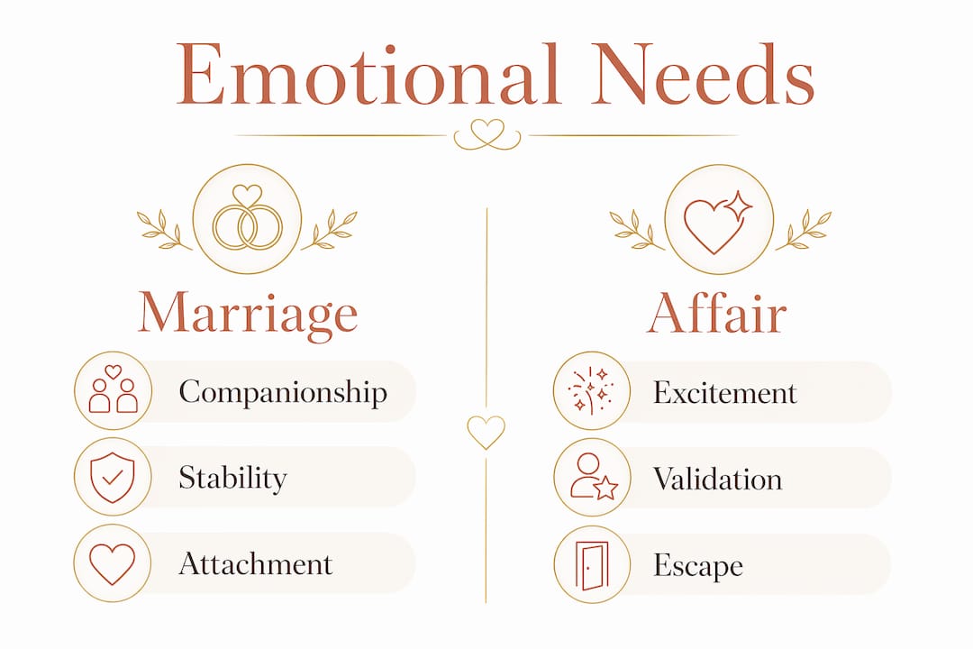 Infographic contrasting emotional needs in marriage vs affair