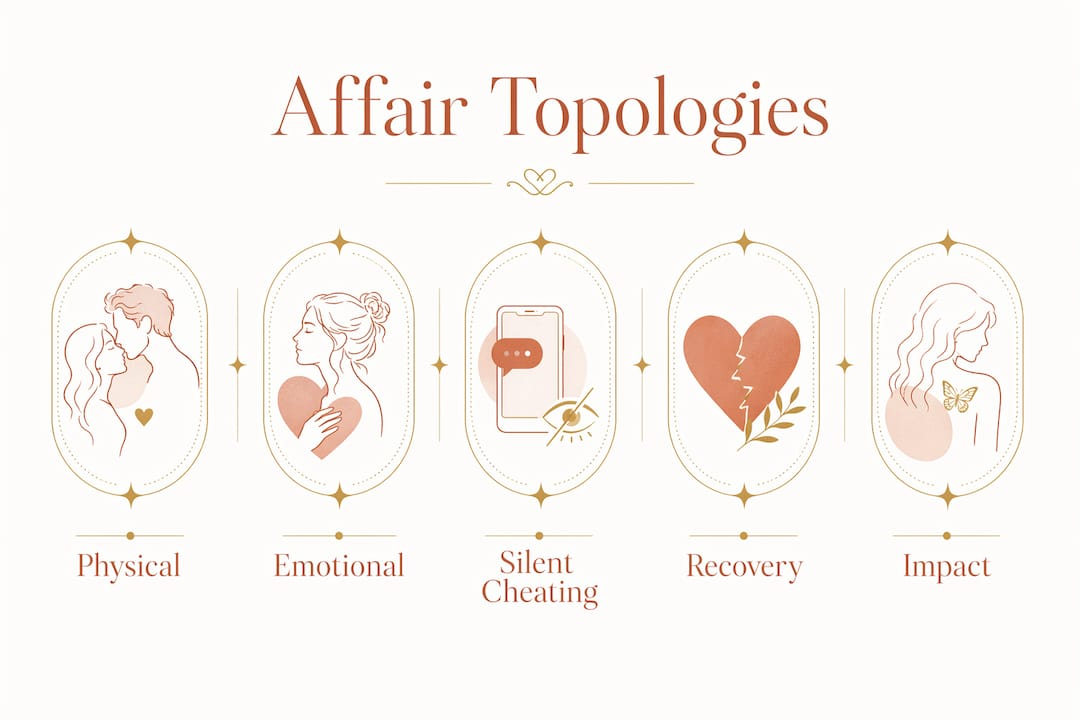 Infographic showing affair types hierarchy and key points