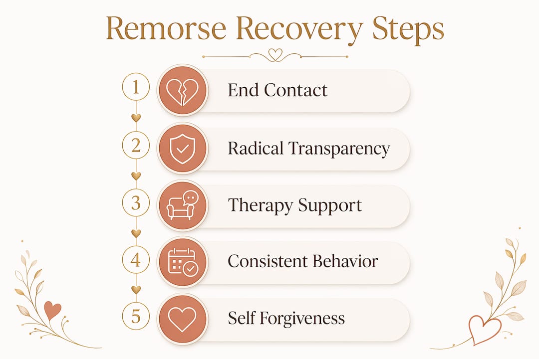 Infographic illustrating key steps to managing affair remorse