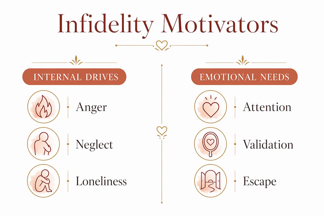 How Could They Look You in the Eyes and Still Cheat 1 Infographic comparing internal drives and emotional needs for cheating