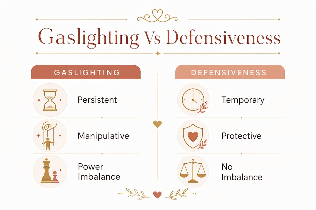 What Is Gaslighting in Infidelity: Signs and Recovery 1 Infographic comparing gaslighting and defensiveness characteristics