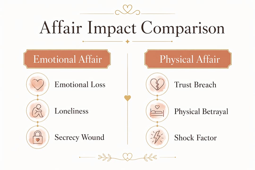 Why Affairs Hurt Long-Term: The Real Reason It Lasts 1 Infographic comparing emotional and physical affair impacts