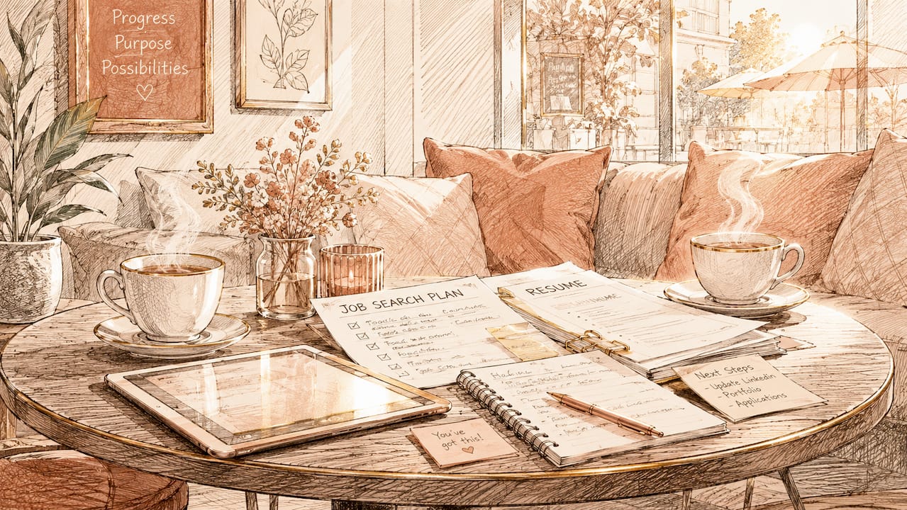 Living room table with job brochures and tablet