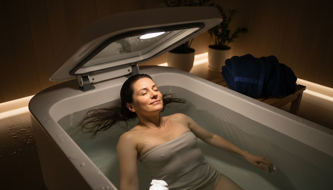 Woman floating peacefully in therapy tank
