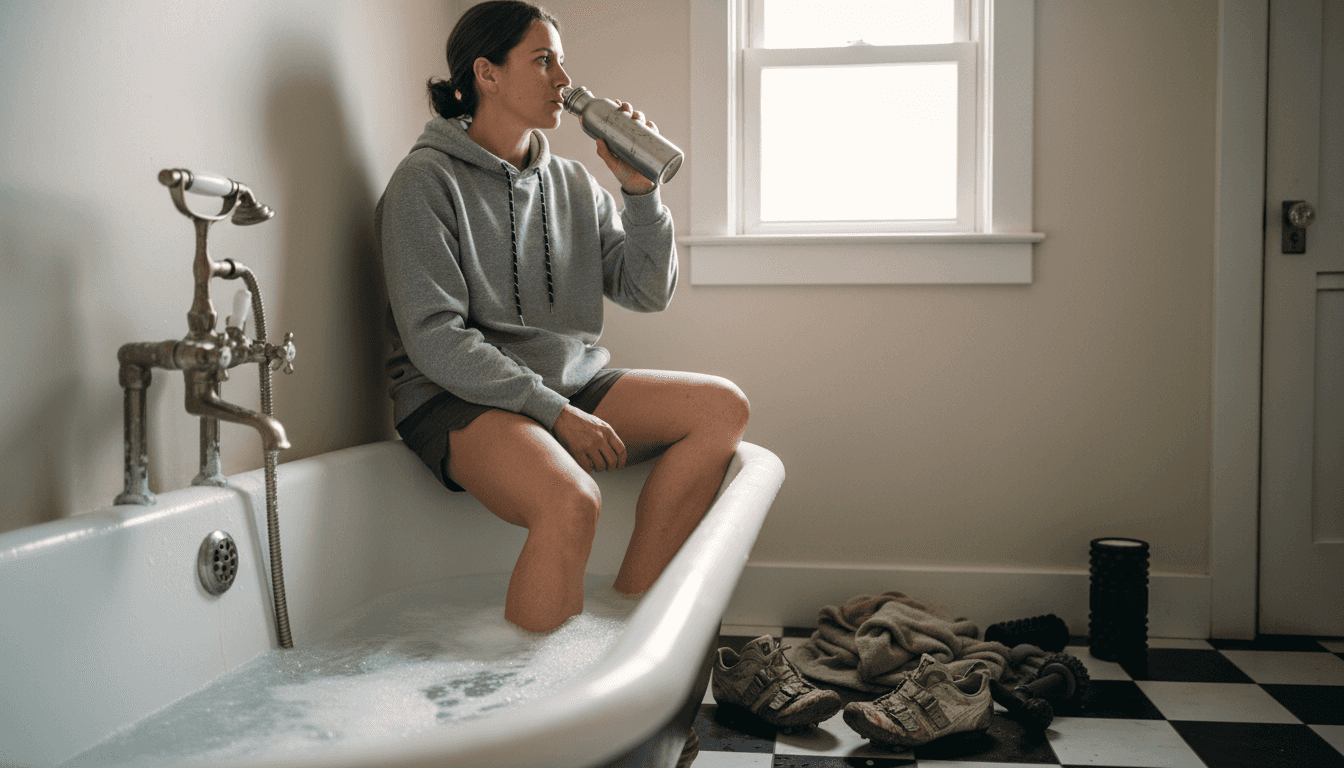 Cyclist resting legs in epsom salt bath
