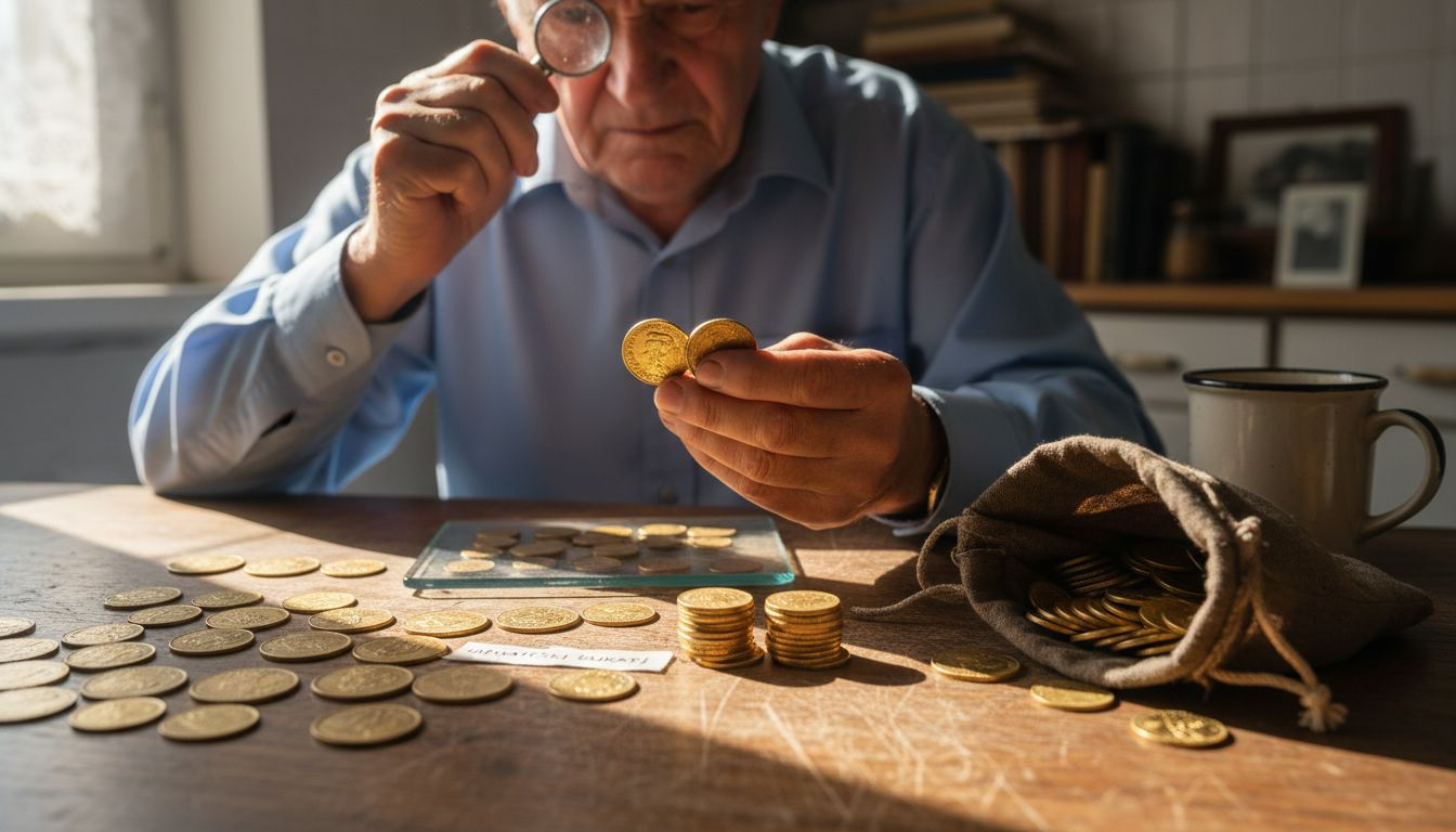 Strastveni kolekcionar pažljivo uspoređuje dvije stare zlatne kovanice, tražeći razlike u izradi i očuvanosti.