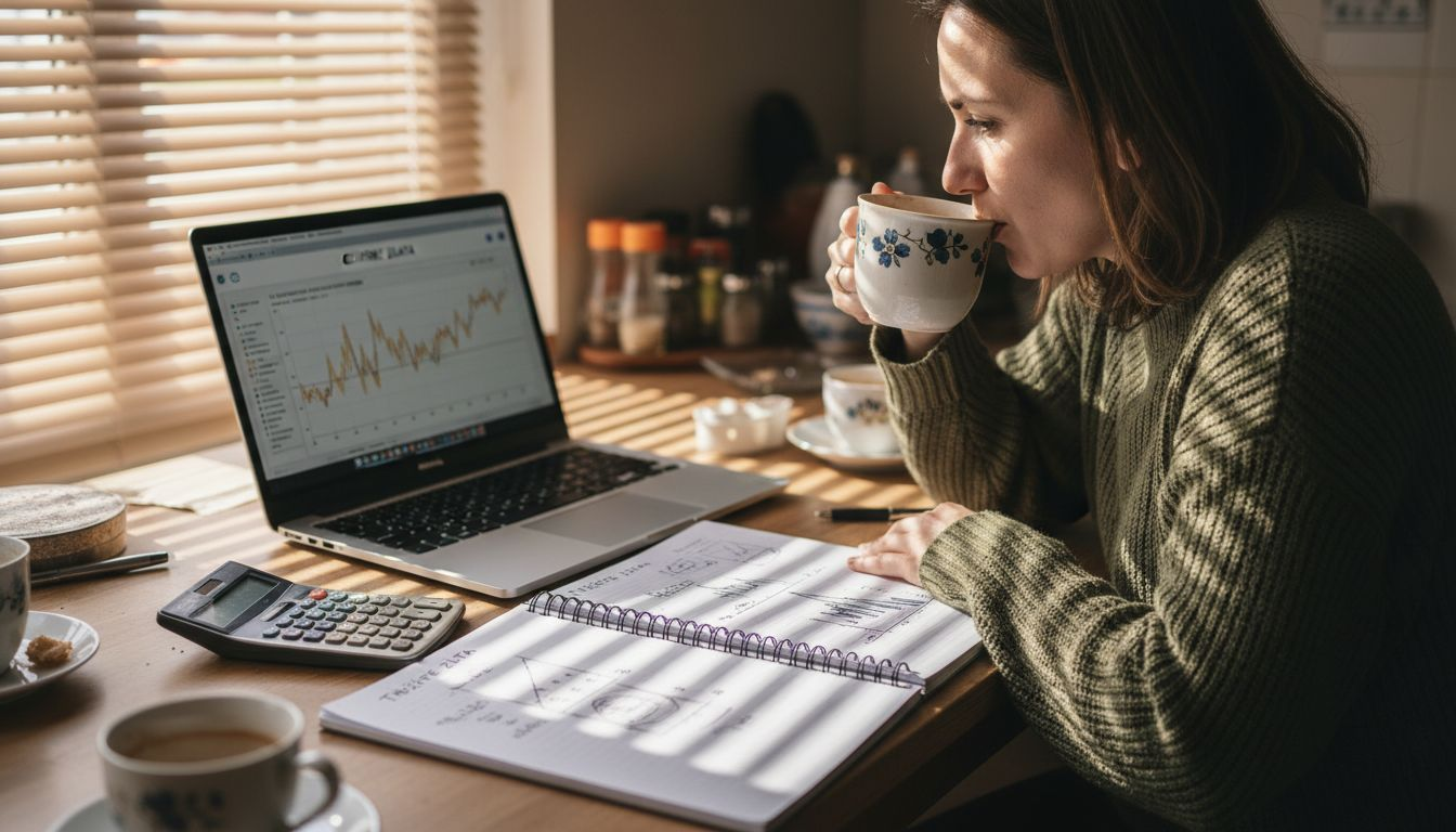 Žena kod kuće proučava grafikon kretanja cijene zlata