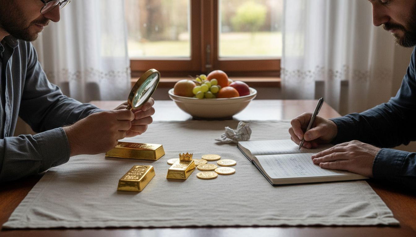 Na stolu su poslagane zlatne poluge i kovanice, a dvoje ljudi ih pažljivo razgledava.