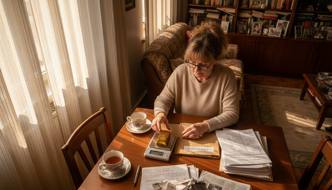 Žena kod kuće proučava dokumente kako bi procijenila vrijednost zlata.