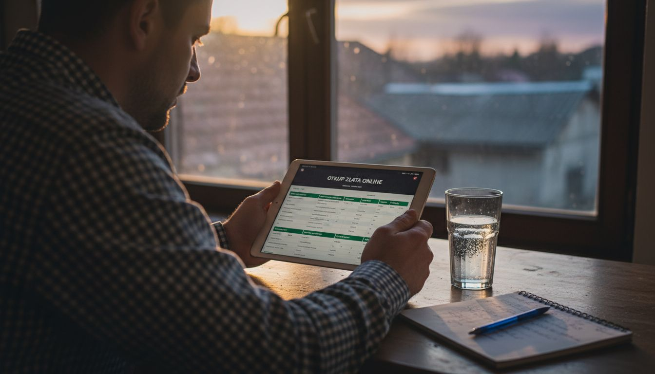 Muškarac pregledava različite internetske platforme za prodaju zlata na tabletu, uspoređujući njihove ponude i uvjete.