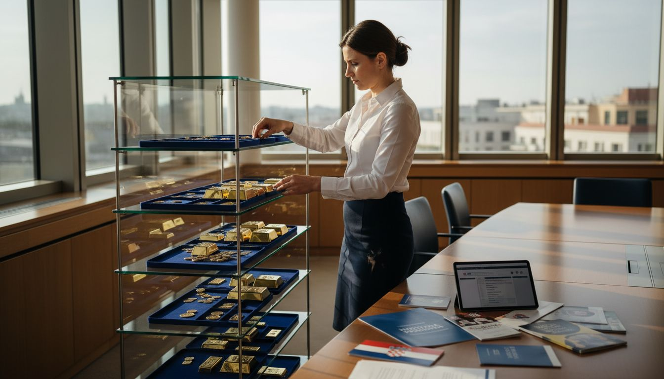 Žena pažljivo razvrstava zlatne poluge i kovanice, slažući ih po vrijednosti i izgledu.