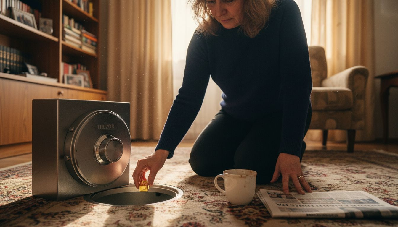 Žena pažljivo sprema zlatnu polugu u kućni sef, vodeći računa o sigurnosti svoje imovine.