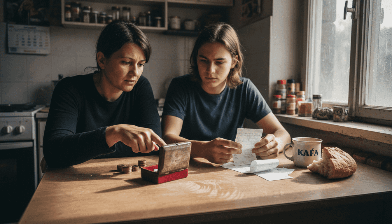 Obitelj sjedi za kuhinjskim stolom i razgovara o zlatnicima.