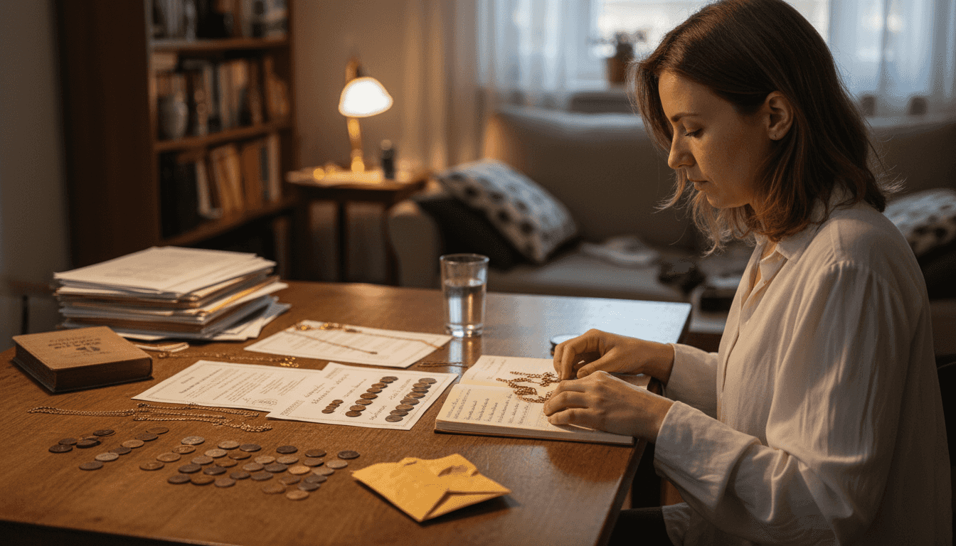 Žena razvrstava svoj zlatni nakit i sređuje papire vezane uz njega.