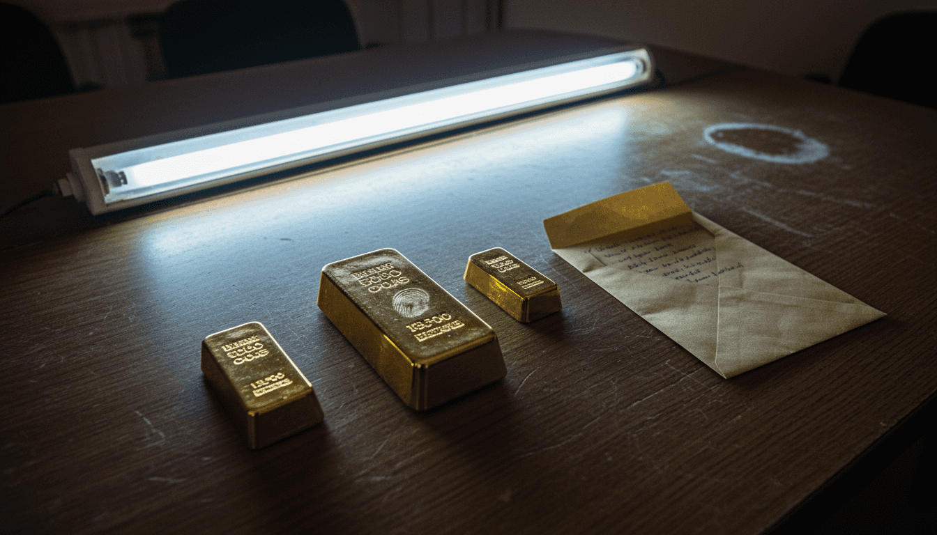 Na radnom stolu nalaze se tri zlatne poluge.