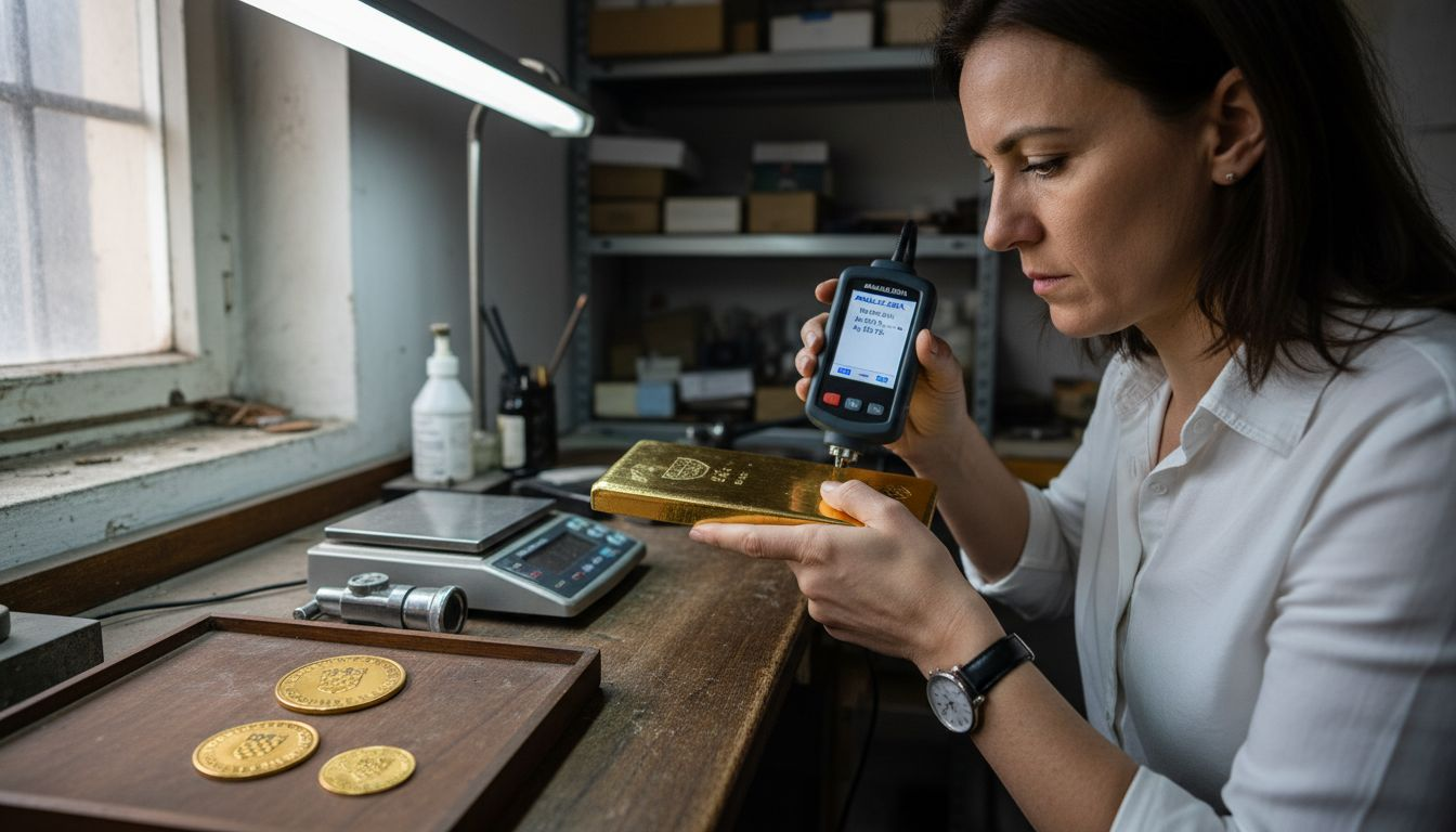 Zlatar pažljivo provjerava je li zlatna poluga doista prava.