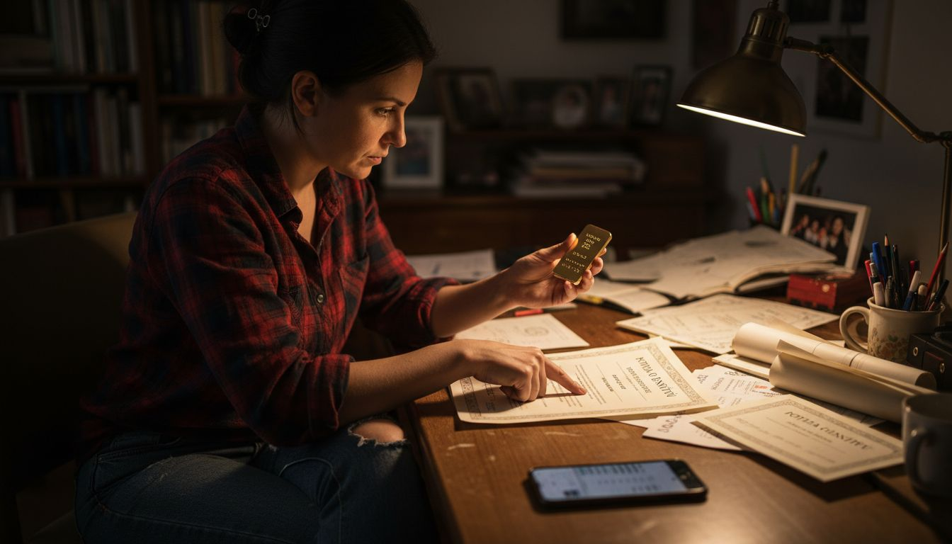 Žena za radnim stolom provjerava certifikat za zlatnu polugu.