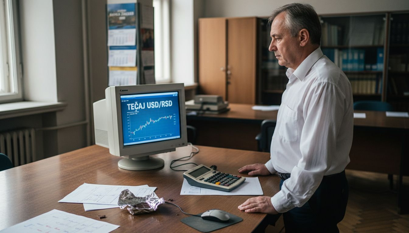 Bankar proučava kretanje tečaja za svojim radnim stolom.