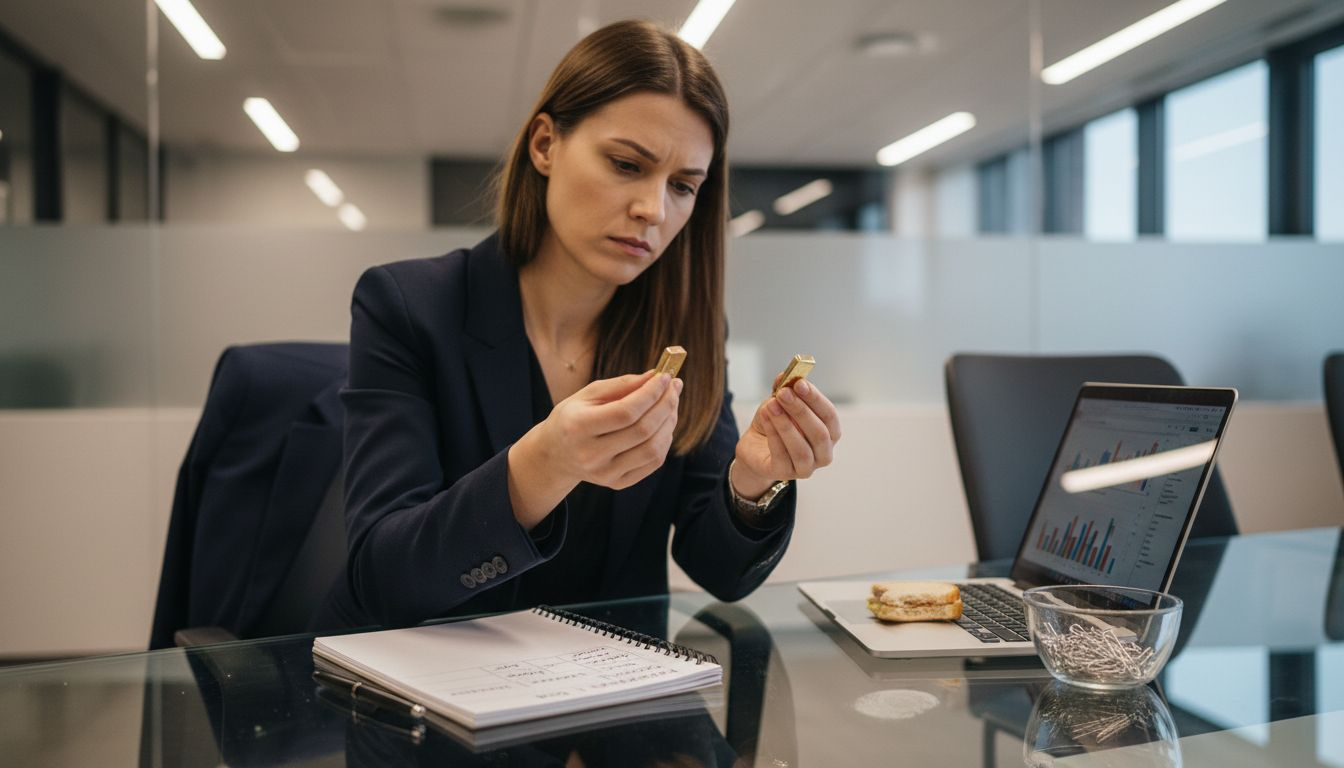 Stručnjak pažljivo uspoređuje zlatne poluge i zapisuje svoje zapažanja.