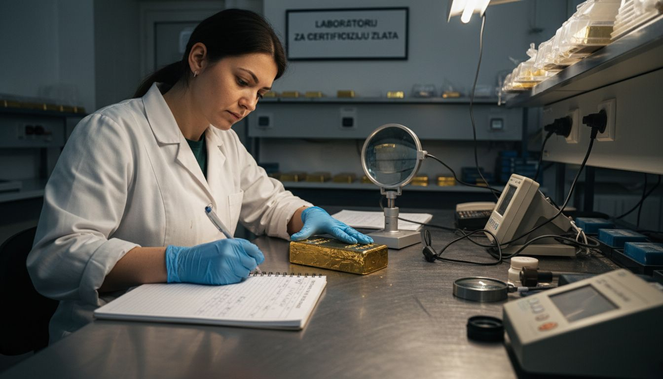 Tehničar bilježi podatke o certifikaciji zlatne poluge