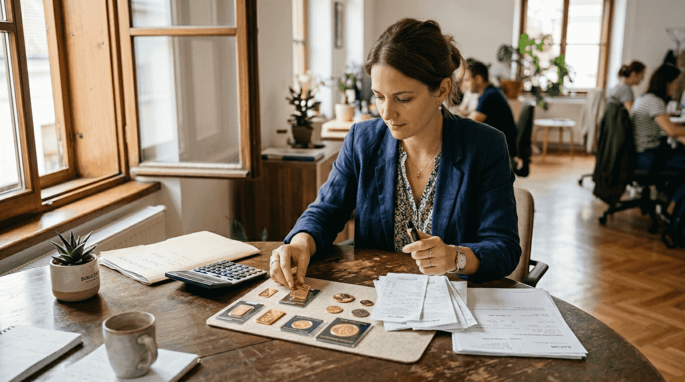 Žena provjerava koliko se lako može unovčiti svoje zlatne poluge i medalje.