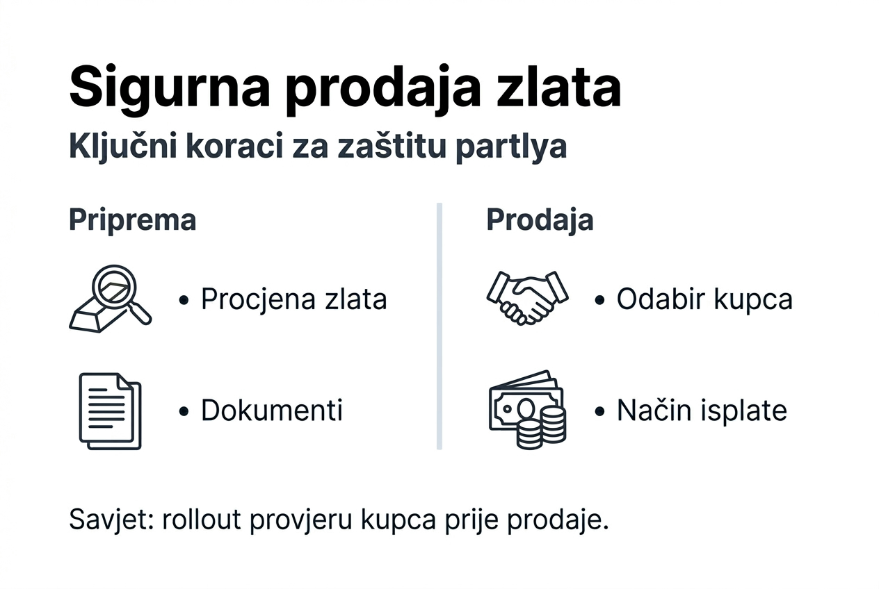 Na fografici su jasno prikazani najvažniji koraci za sigurnu prodaju zlata.