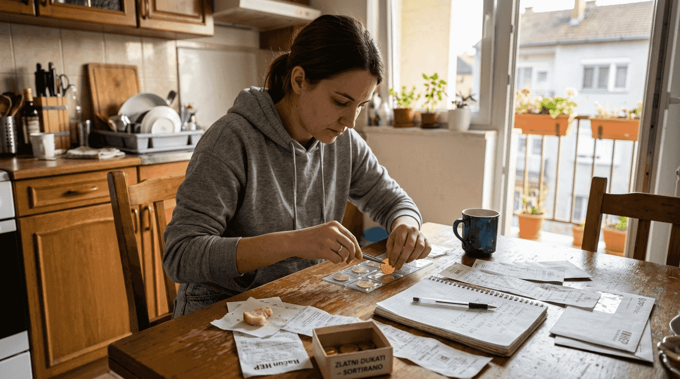 Žena pažljivo sortira zlatnike i sređuje važne papire.