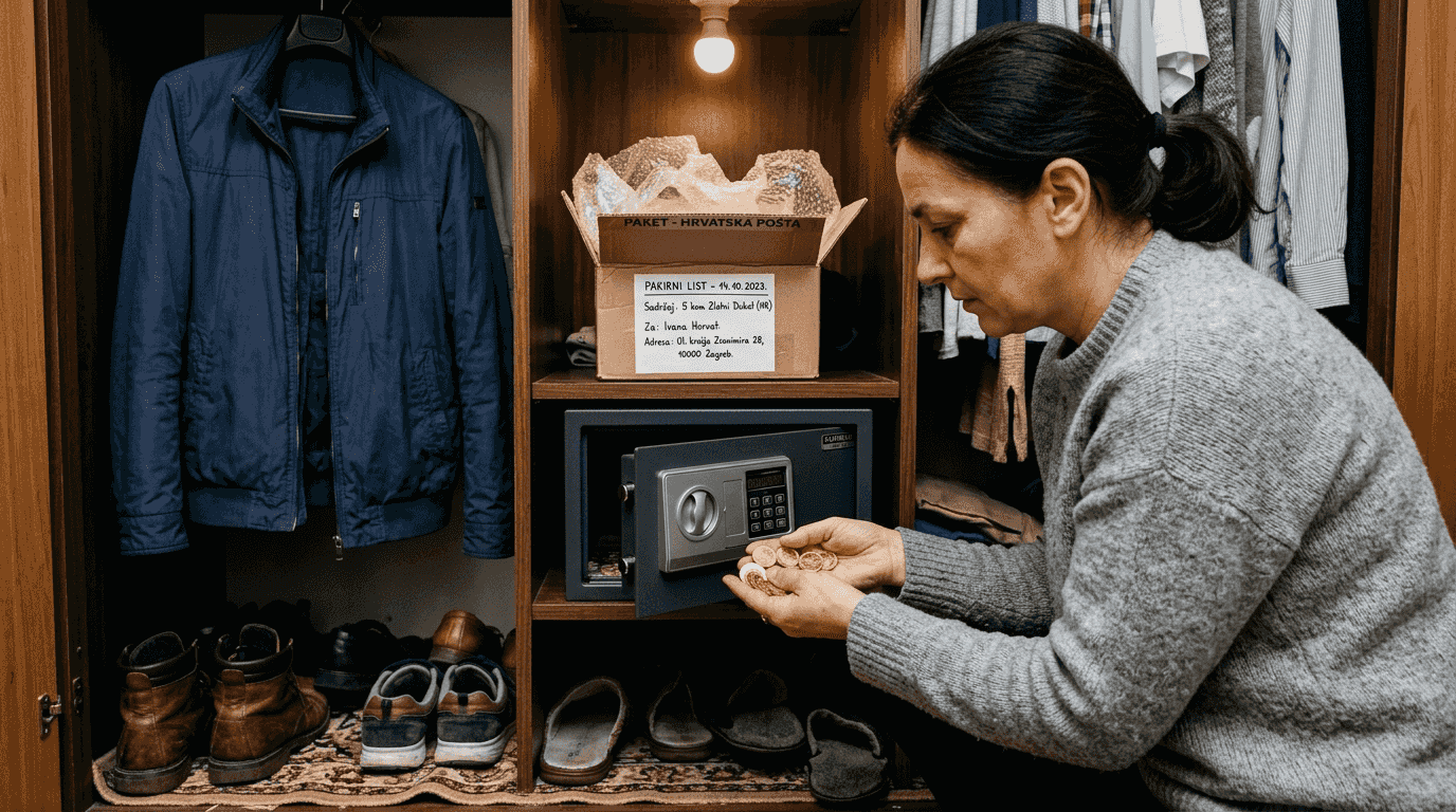 Žena pažljivo sprema zlatnike u sef skriven u ormaru, kako bi ih zaštitila na sigurnom mjestu u vlastitom domu.