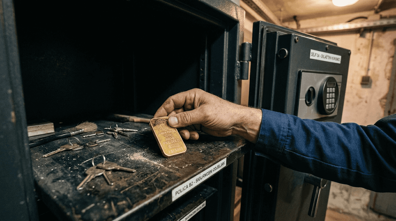 Netko pažljivo odlaže zlatnu polugu u sef.