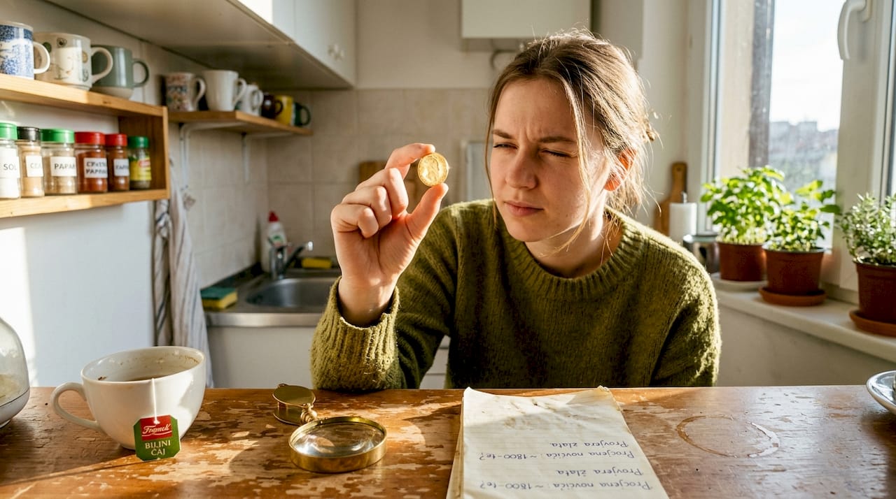 Žena pažljivo proučava zlatnik u svom domu, promatrajući svaki detalj.