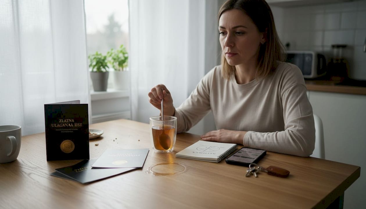 Žena proučava brošure o ulaganju u zlato i srebro.